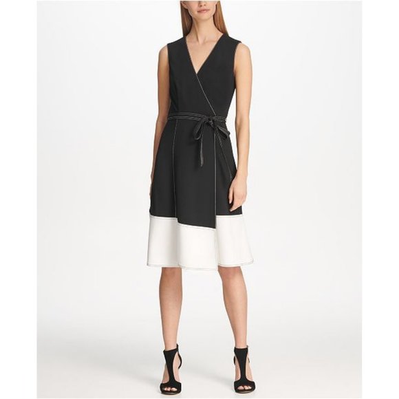DKNY Contrast Stitch Colorblock Faux Wrap Dress